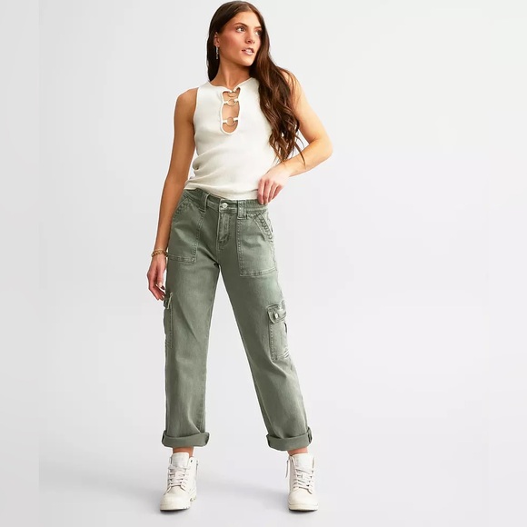 VERVET BY FLYING MONKEY Denim - VERVET Buckle Green Stretch Cargo Y2K High Rise Wide Leg Pant Streetwear Size 24